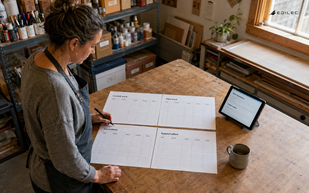 Candid high side view of a standing community workshop coordinator comparing current-process and pilot worksheets beside a small opaque tablet.