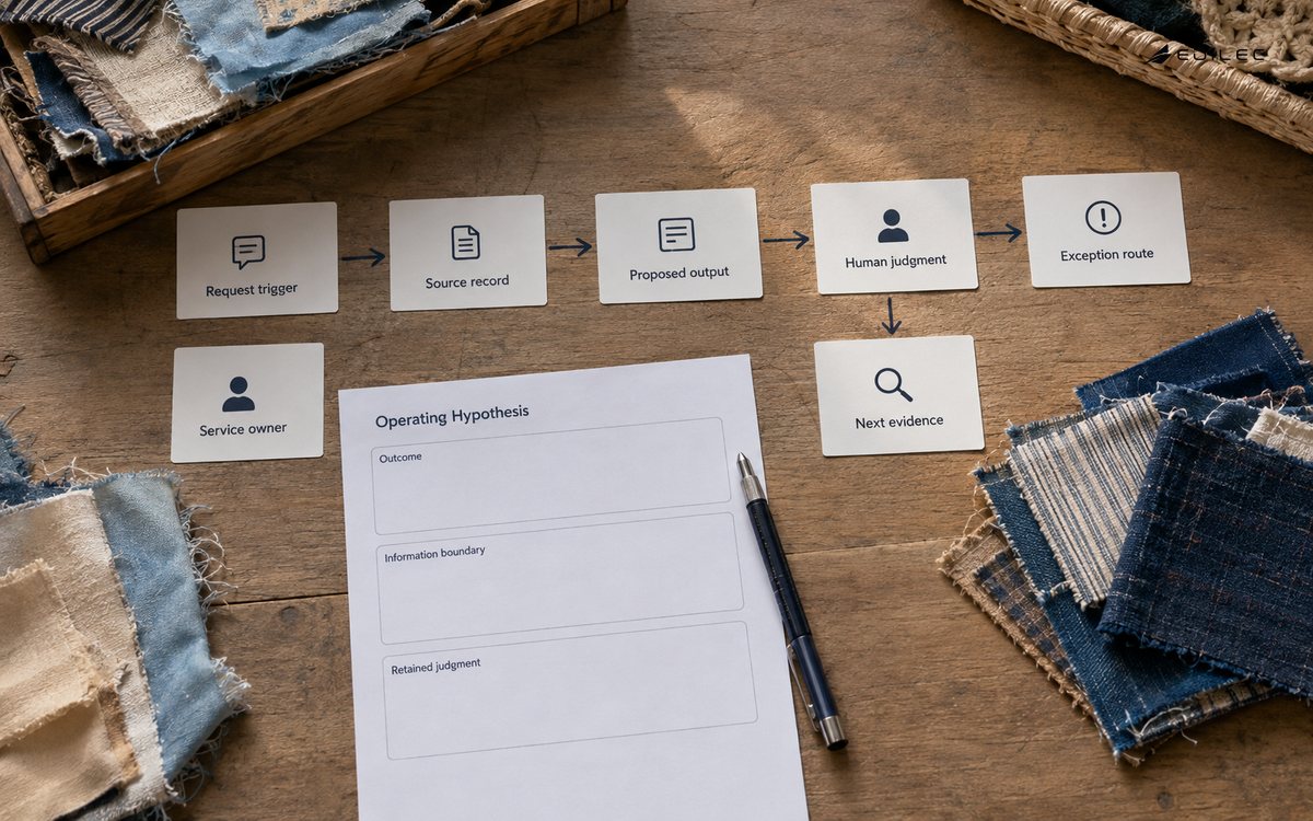 A textile repair cooperative worktable holds request cards beside an operating hypothesis worksheet and fabric scraps.
