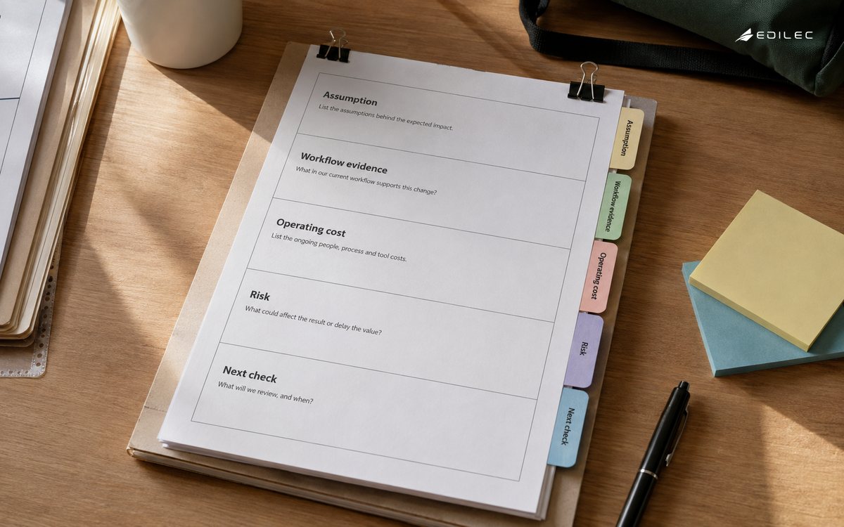 An investment worksheet places assumptions next to workflow evidence and risk.