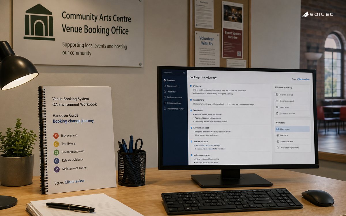 Medium wide photo of a nonprofit venue booking office with an environment workbook and modest opaque supported terminal.