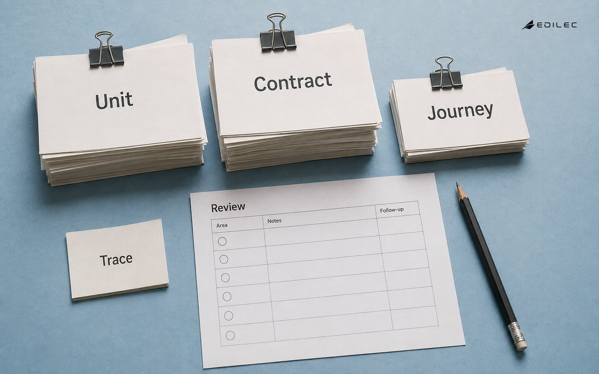 Paper test-case stacks separate unit checks, contracts and customer journeys.