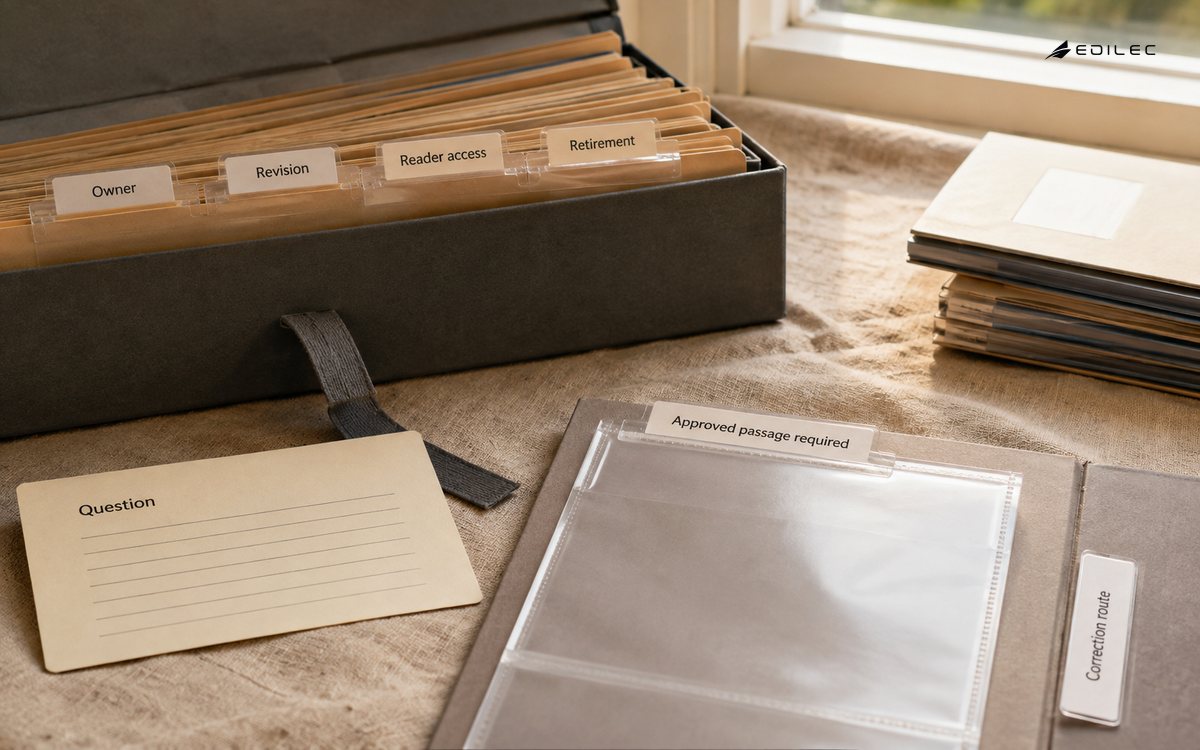A knowledge-readiness desk connects source ownership and reader access to a required approved passage.