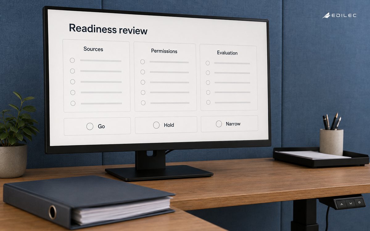 A readiness screen offers go, hold and narrow-scope review choices.