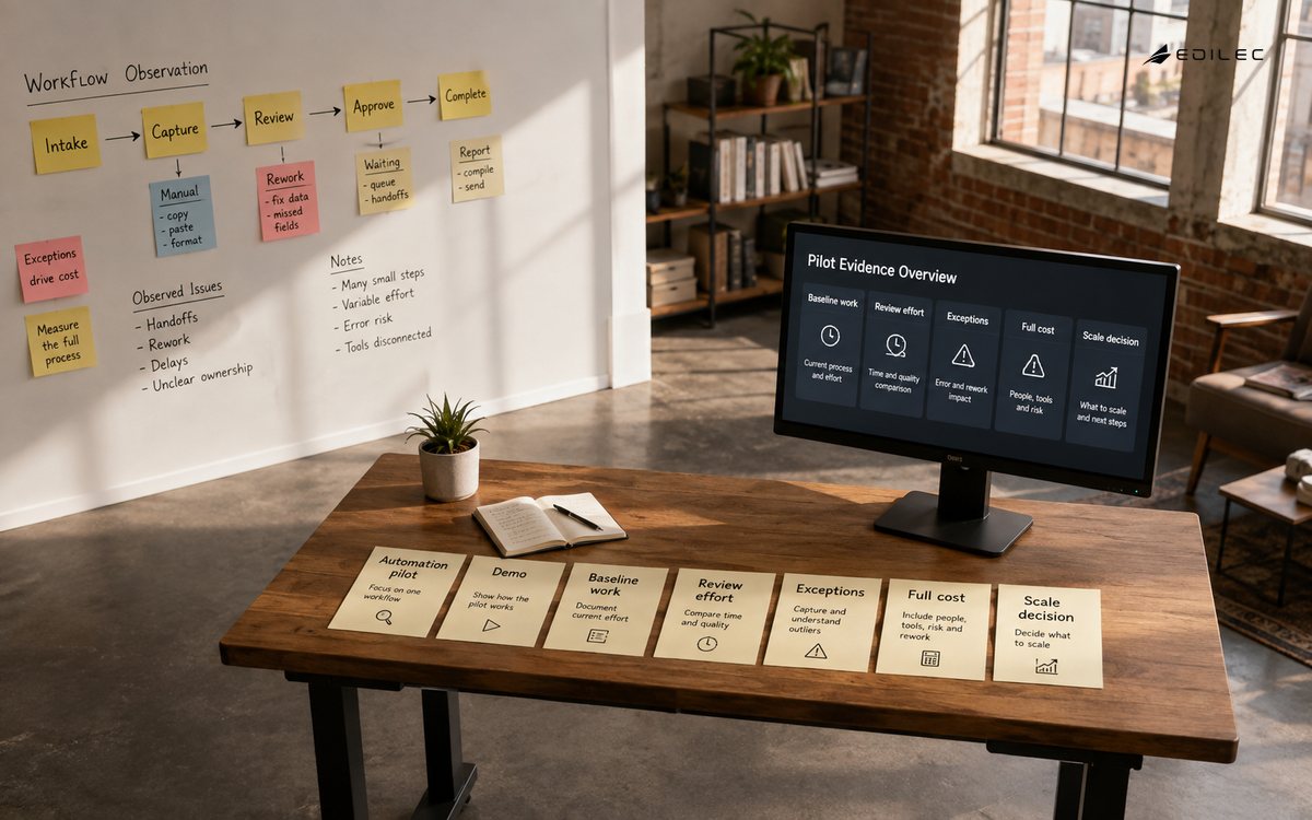 Wide photograph of a modest startup planning loft with workflow observation notes, empty standing table and a small supported opaque monitor.