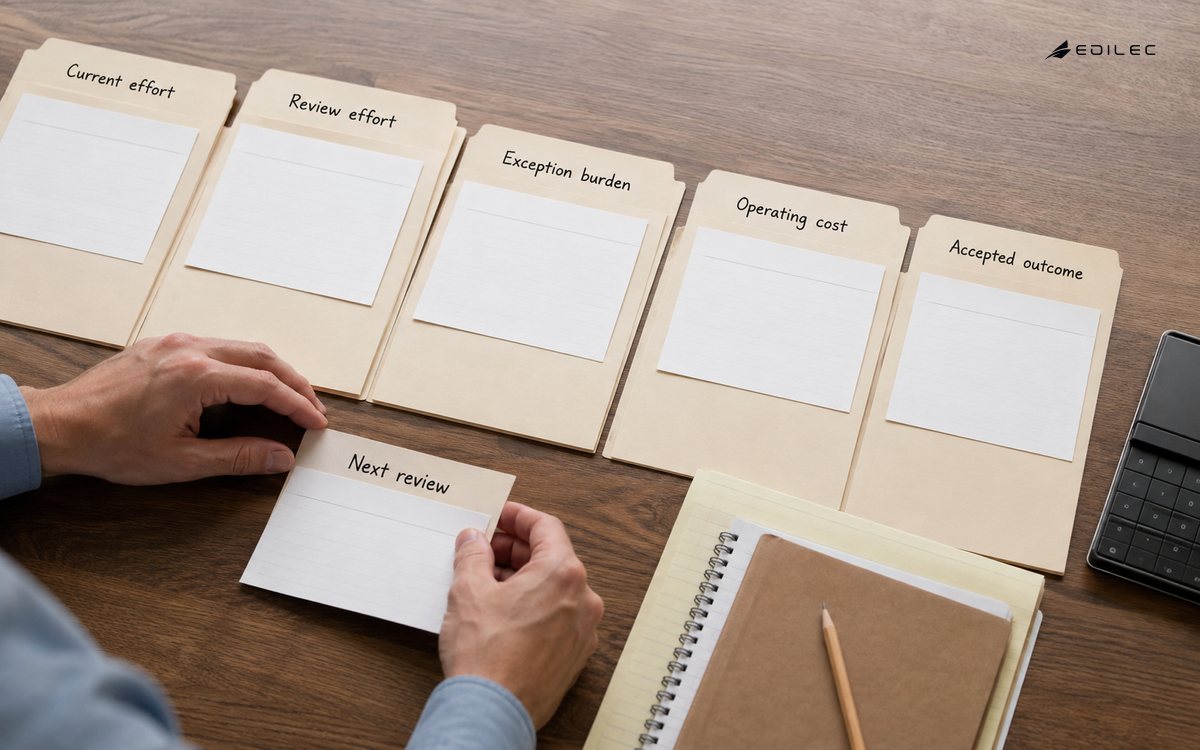 Paper planning records compare finance automation effort, review burden and operating cost.