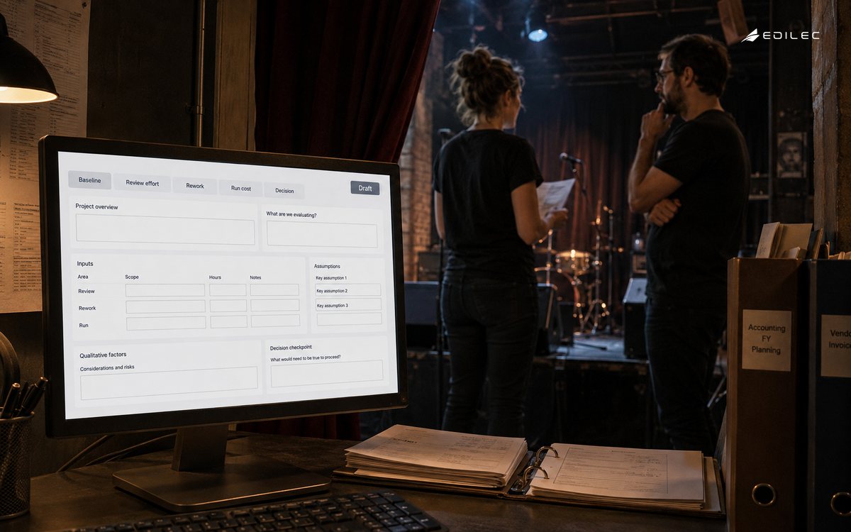 A venue finance review station organizes baseline evidence, review effort and operating costs.