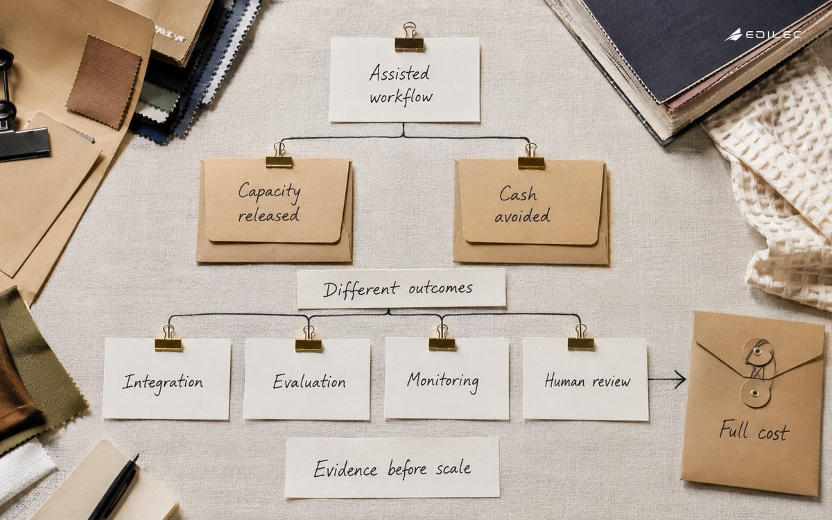 Paper folders distinguish released capacity from cash avoided and include the full cost of ecommerce AI assistance.