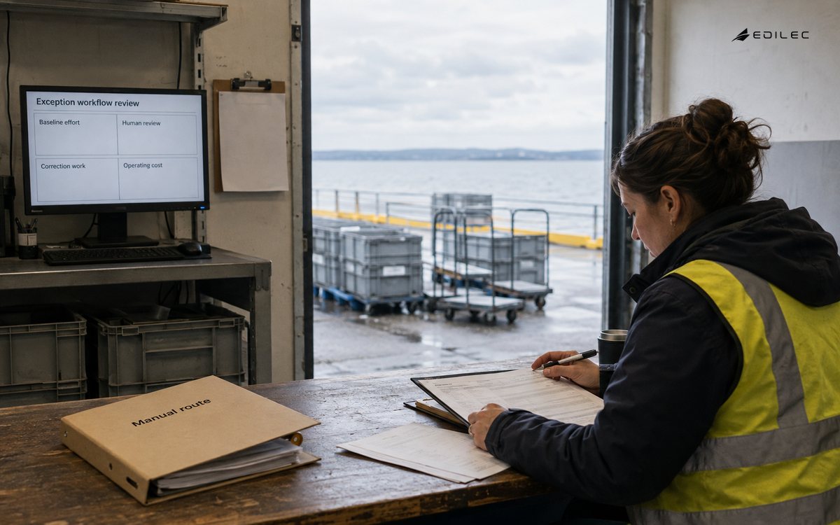 A freight workroom displays an illustrative exception-workflow review that includes human effort and operating costs.