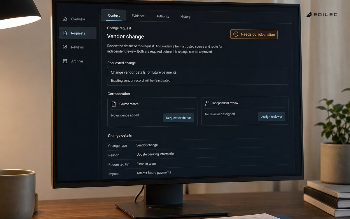 A finance review interface holds a vendor change for corroboration and independent review.