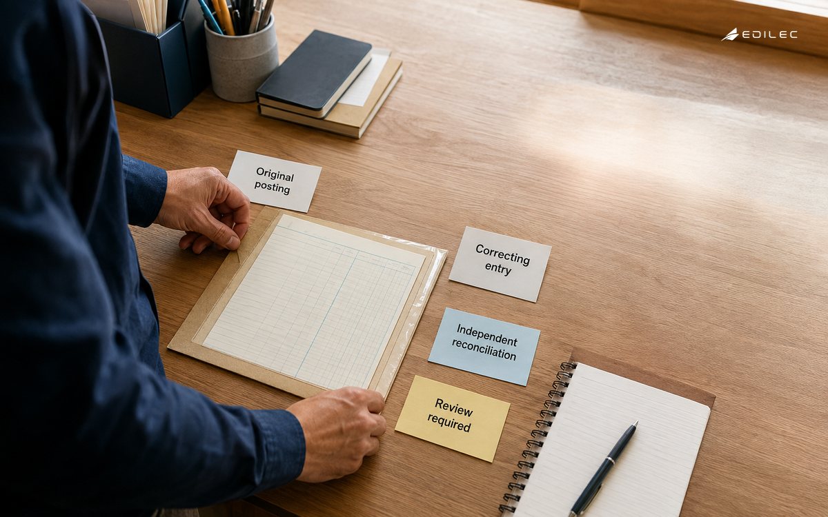 An analyst places a correcting-entry card beside a preserved original posting.