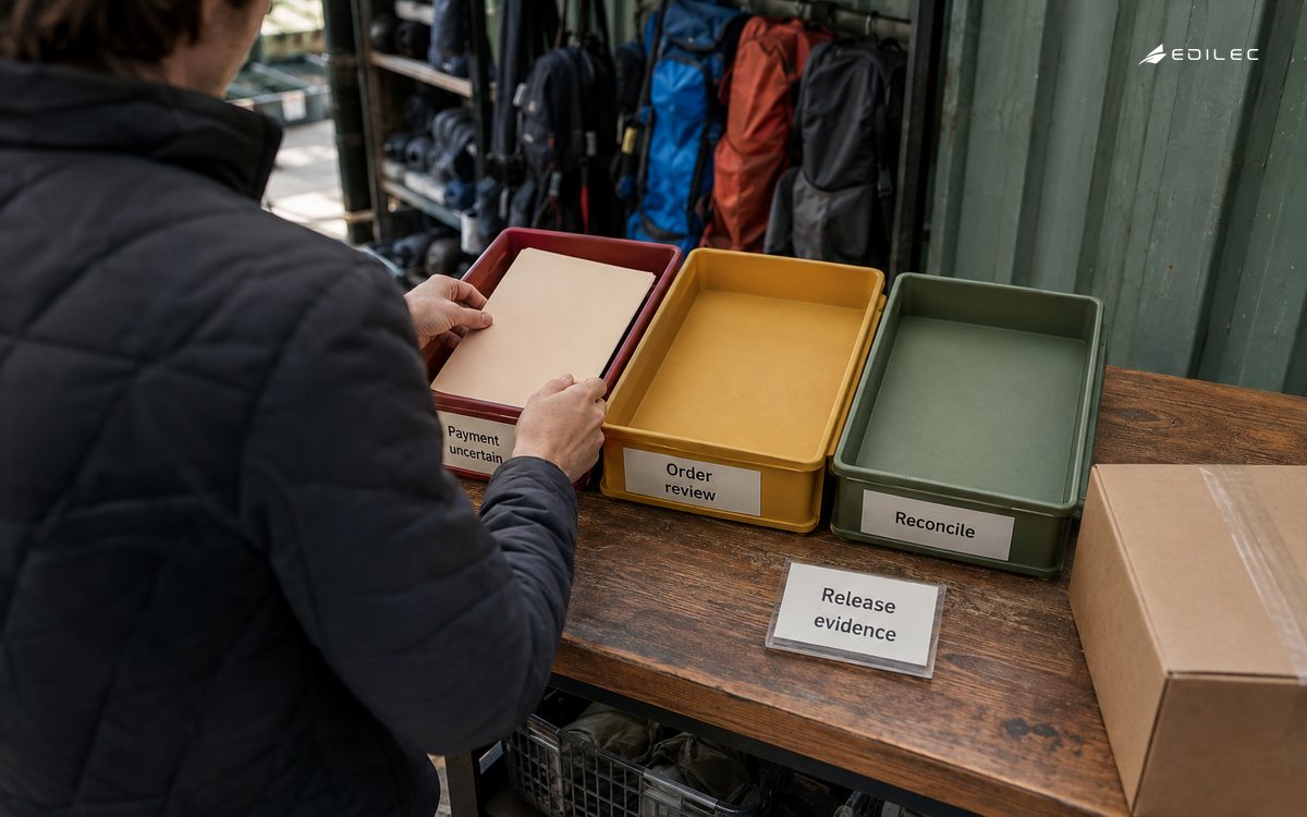 A fulfilment reviewer routes an uncertain payment case into an order review tray.
