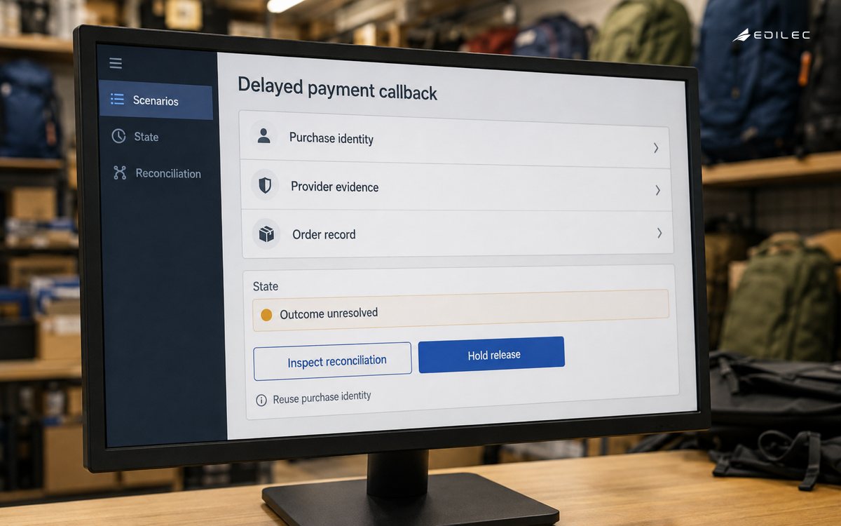 An ecommerce QA console reviews an unresolved delayed payment callback and purchase reconciliation.