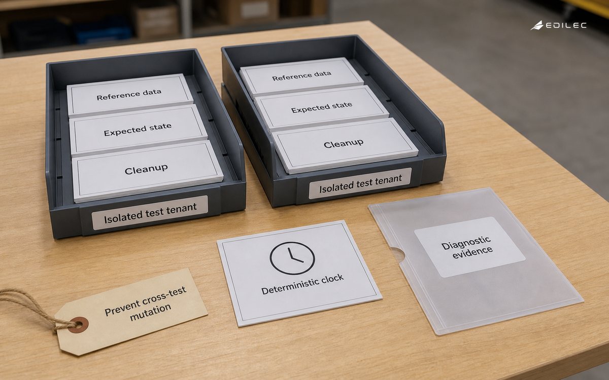 Separate synthetic test trays preserve tenant isolation, expected state, cleanup and diagnostic evidence.