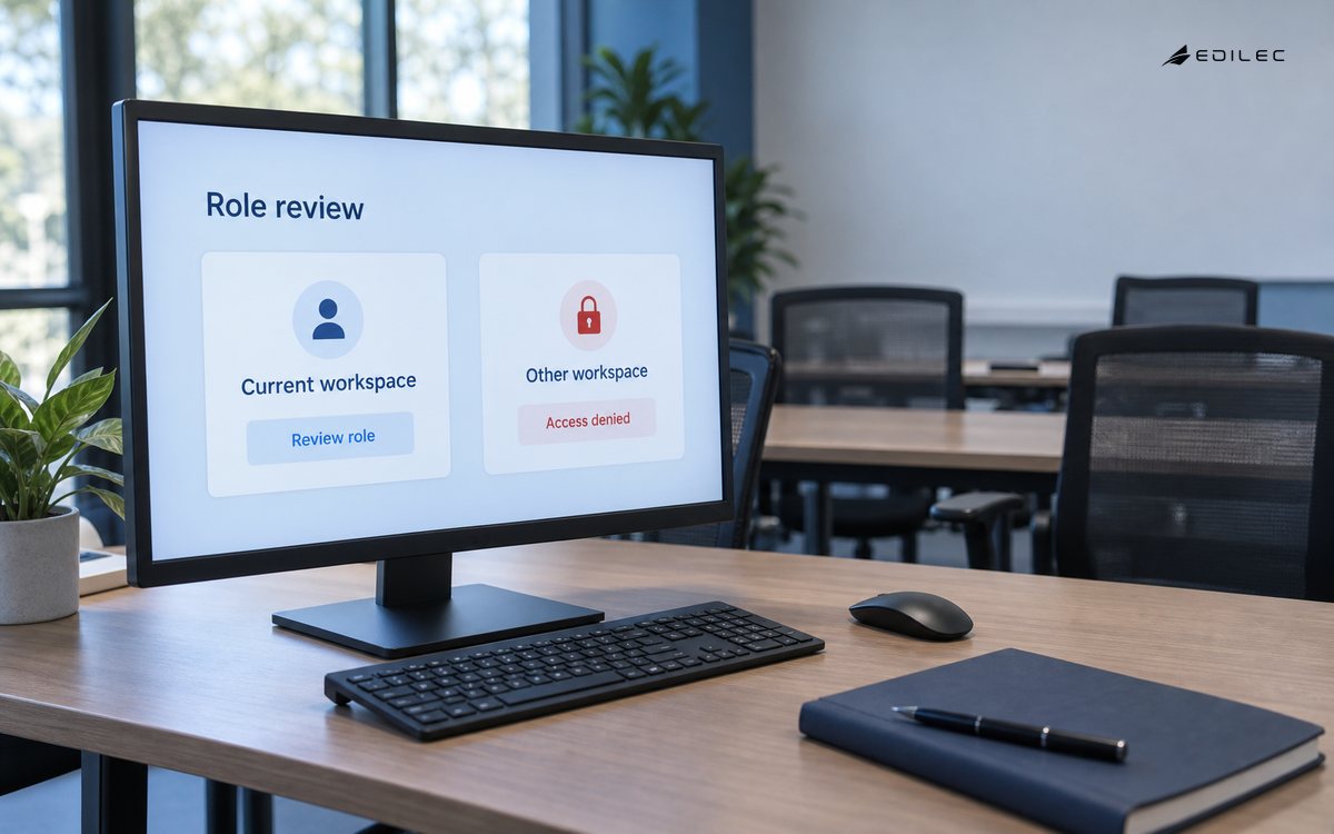 A member-services training room reviews a role change and a cross-tenant denial test case.