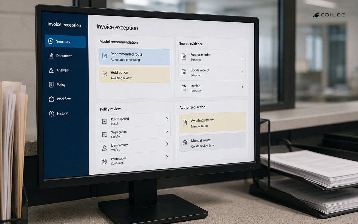 An invoice-exception screen separates a model recommendation from an action awaiting review.
