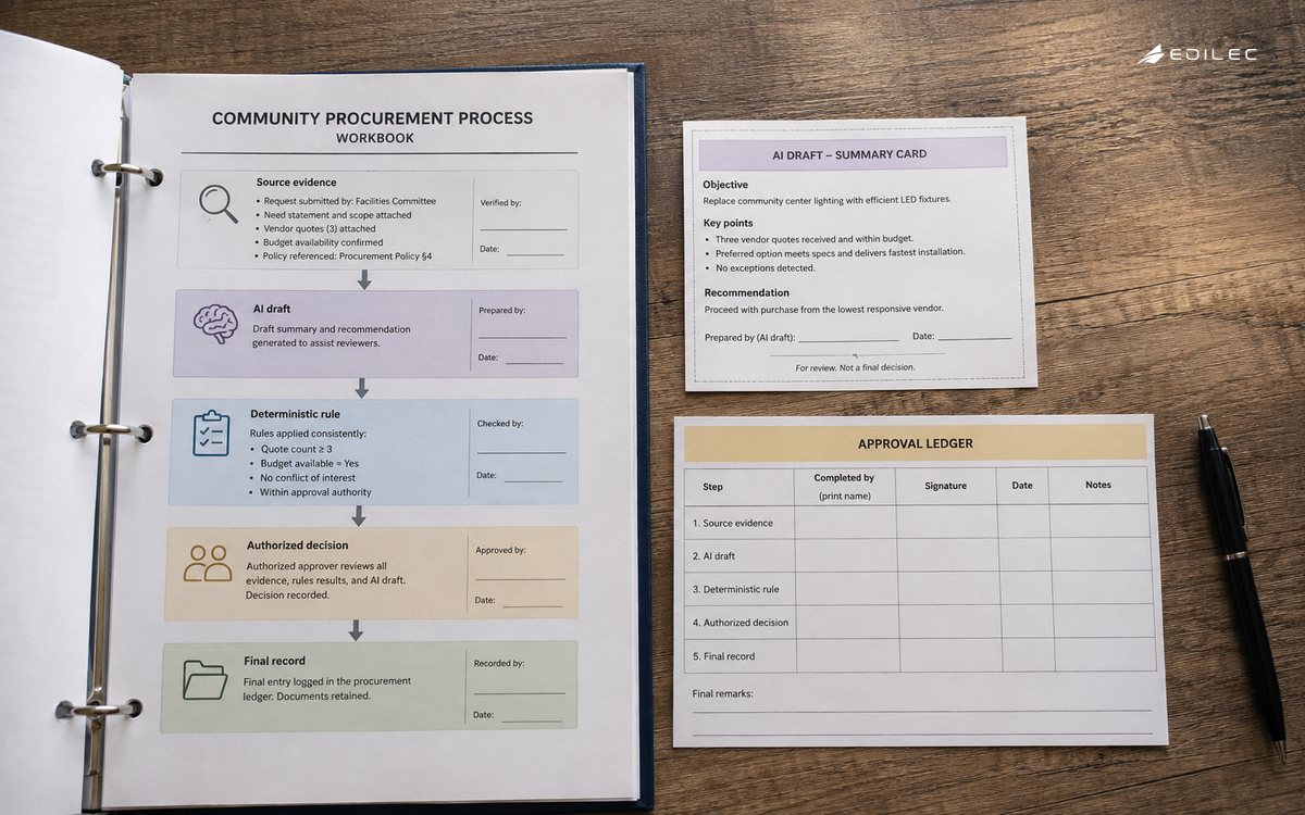 Top-down photograph of a community procurement process workbook with a removable draft-summary card above a separate approval ledger.