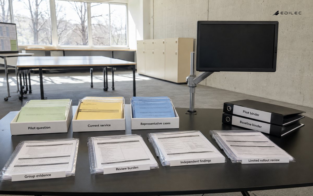 An evaluation space places representative cases beside baseline and pilot evidence.