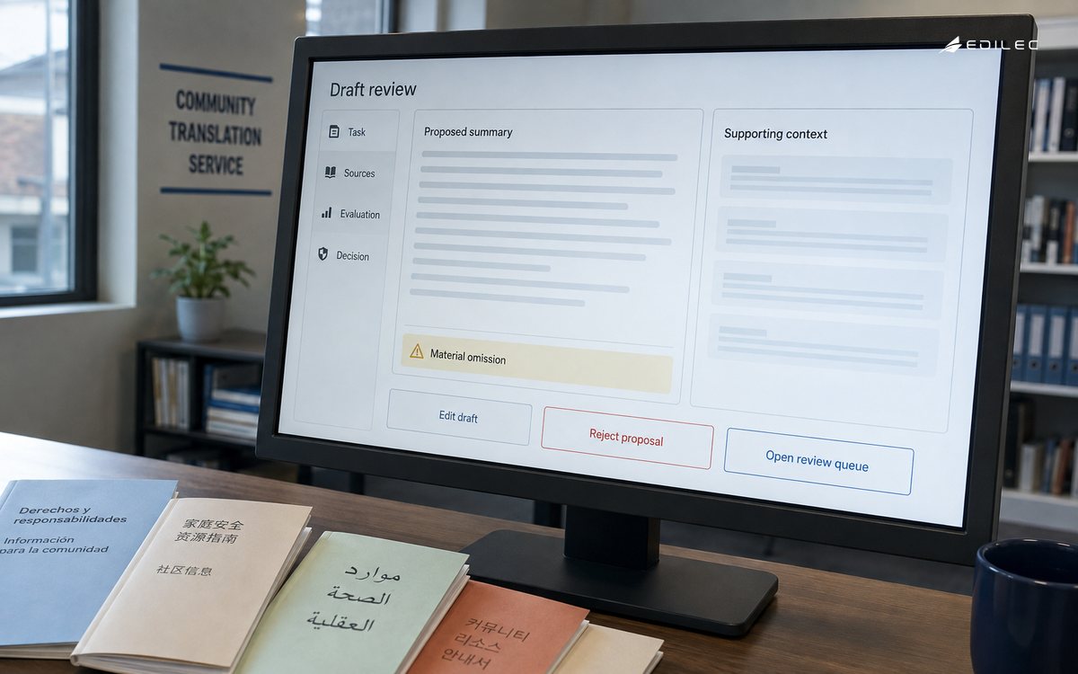 An AI draft review makes a material omission visible beside supporting context and correction controls.