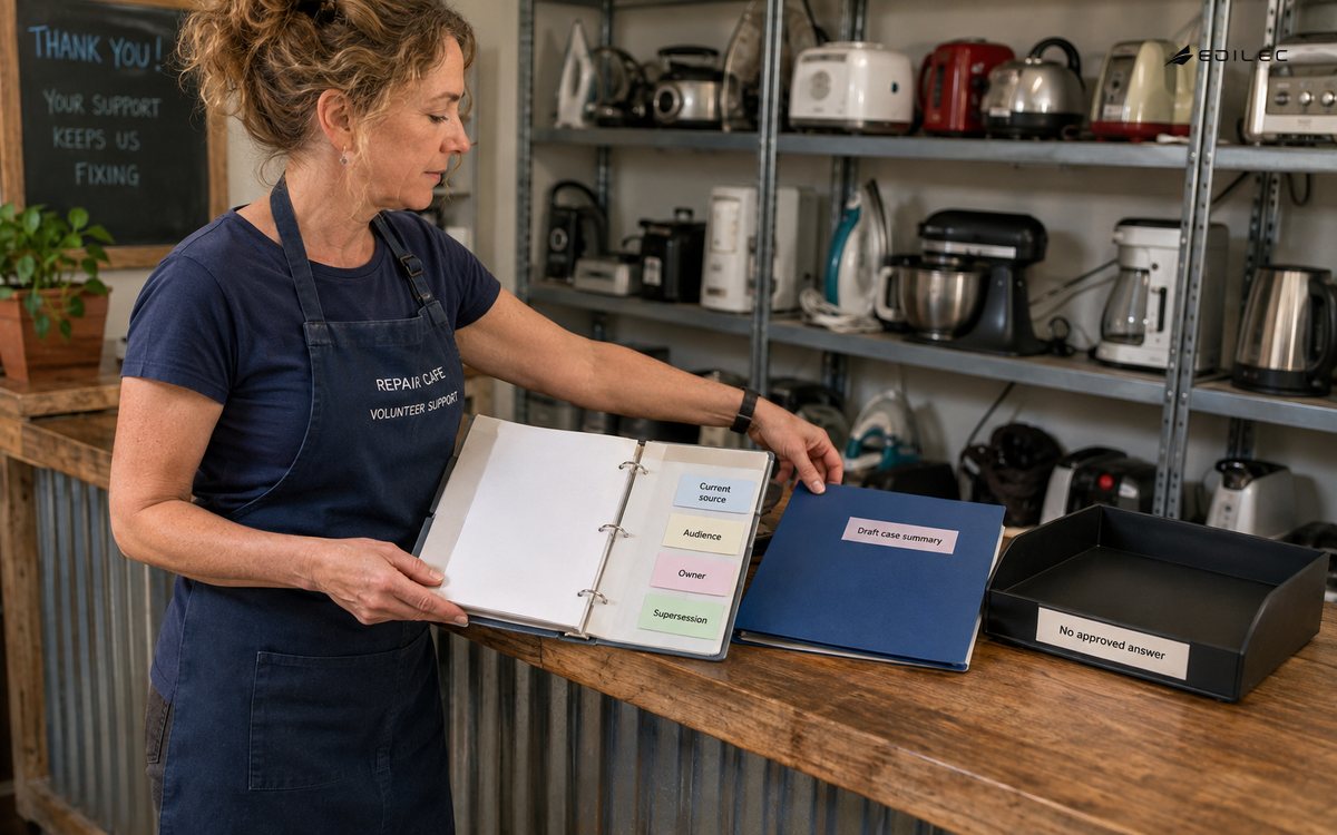 A repair-cafe support specialist checks a knowledge binder beside a draft summary and a no-answer tray.