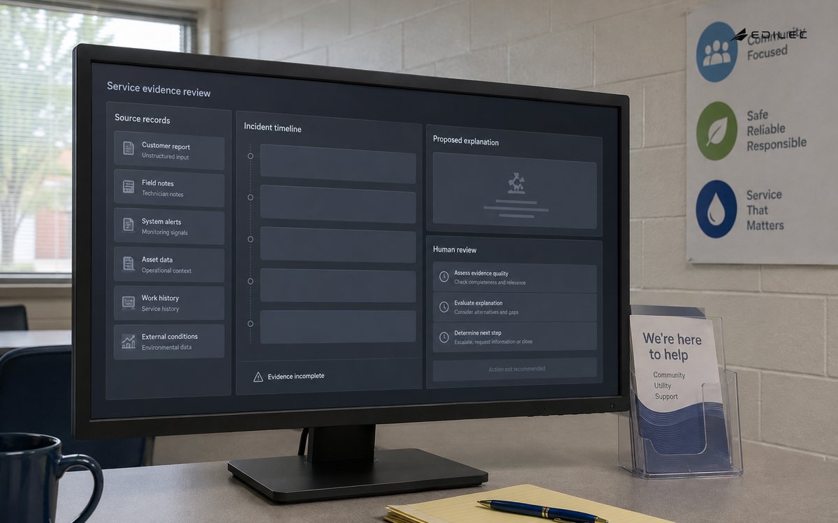 A service-intelligence workspace separates source records and an incident timeline from a proposed explanation needing human review.