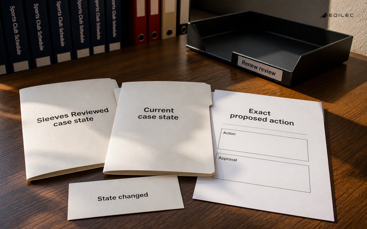 A case-review packet keeps current state and an exact proposed action beside a renewed-review tray.