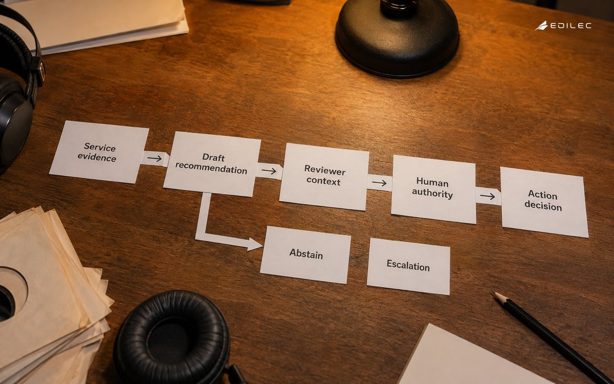 A paper service-decision path places human authority between recommendation and action.