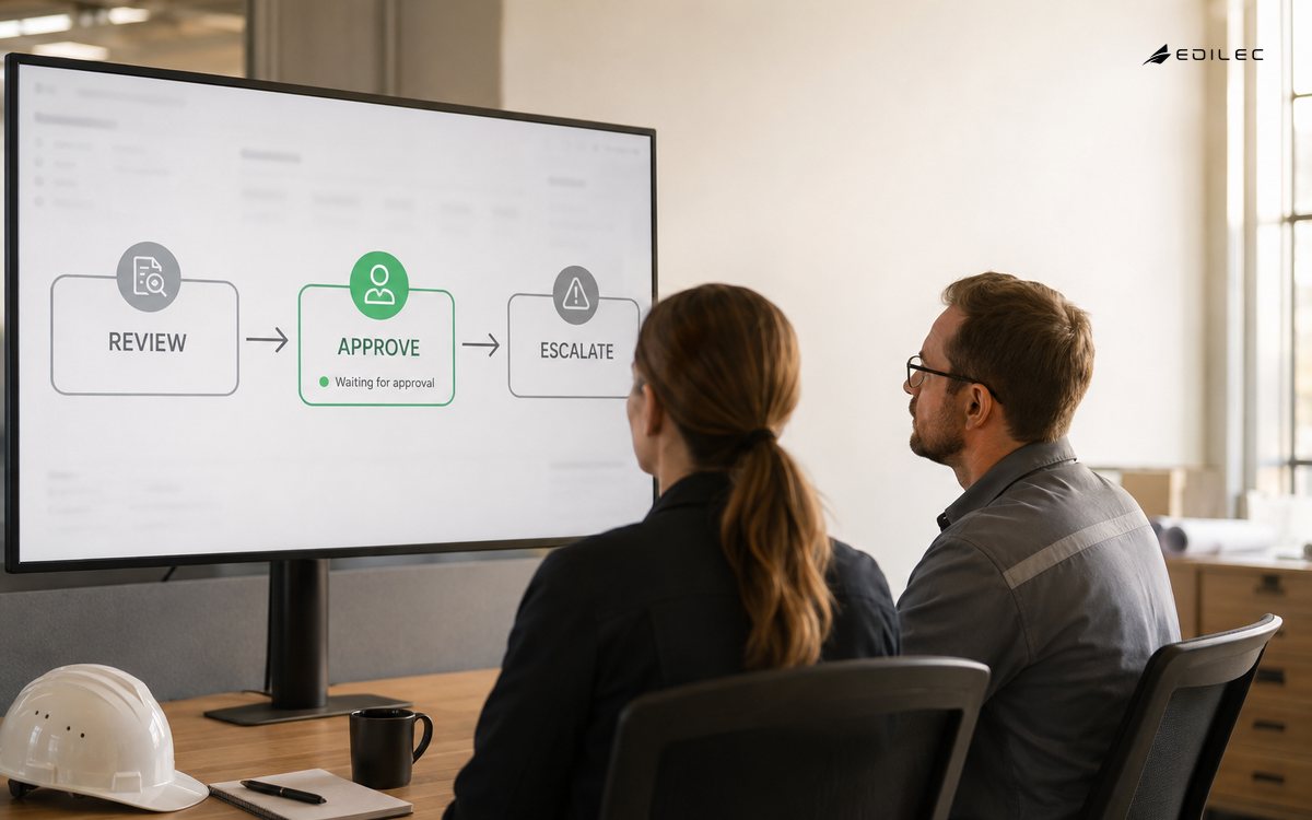 Two operations professionals review a workflow display labelled Review, Approve and Escalate.