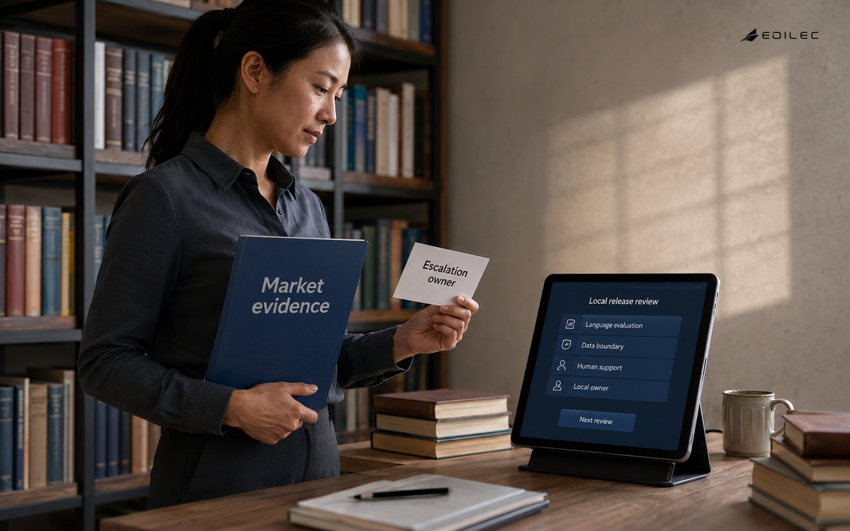 A localization lead compares market evidence and escalation ownership during a local AI release review.