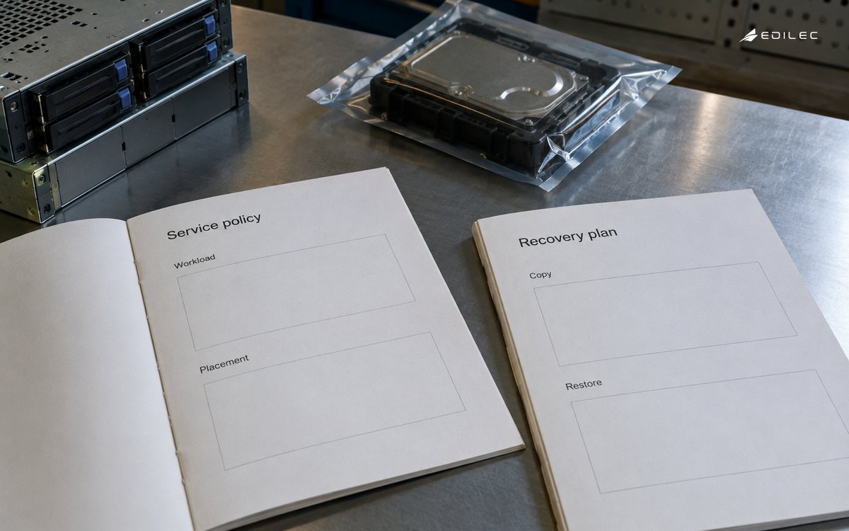 Storage service policy and recovery planning remain separate beside a replacement drive.
