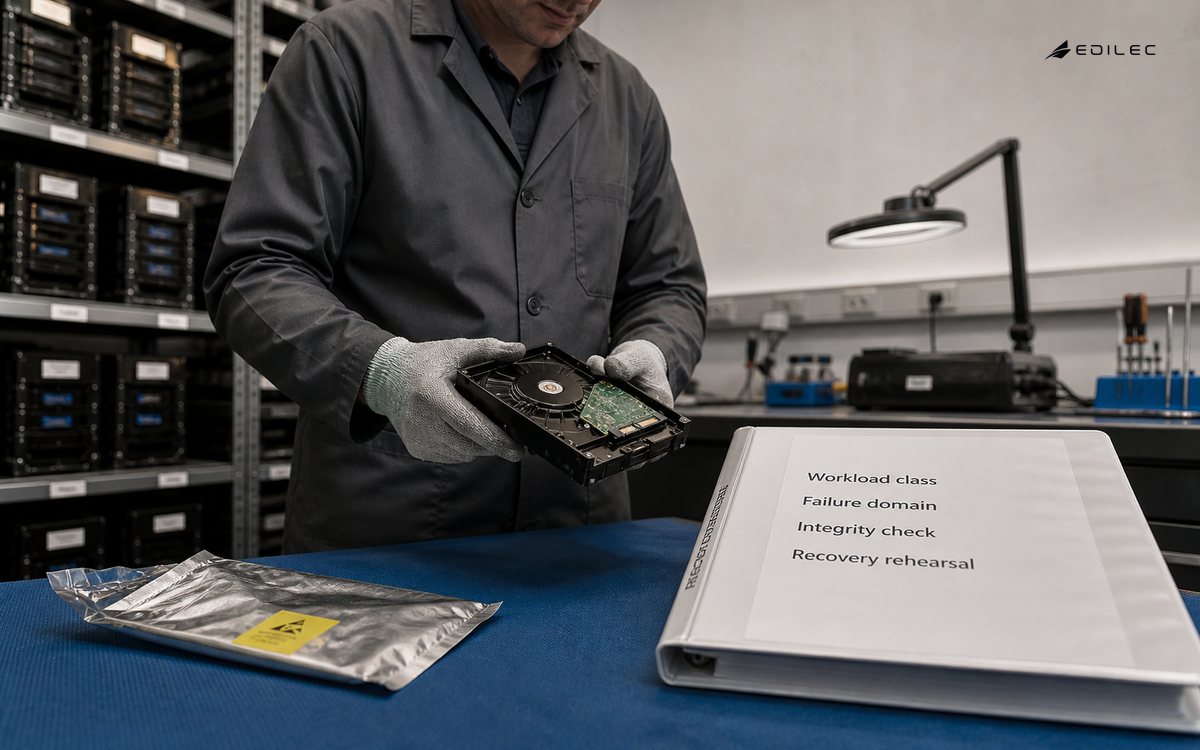 Low-angle photograph of standing lab technician handling a generic detached storage drive next to an unopened recovery binder in a digital preservation workshop.