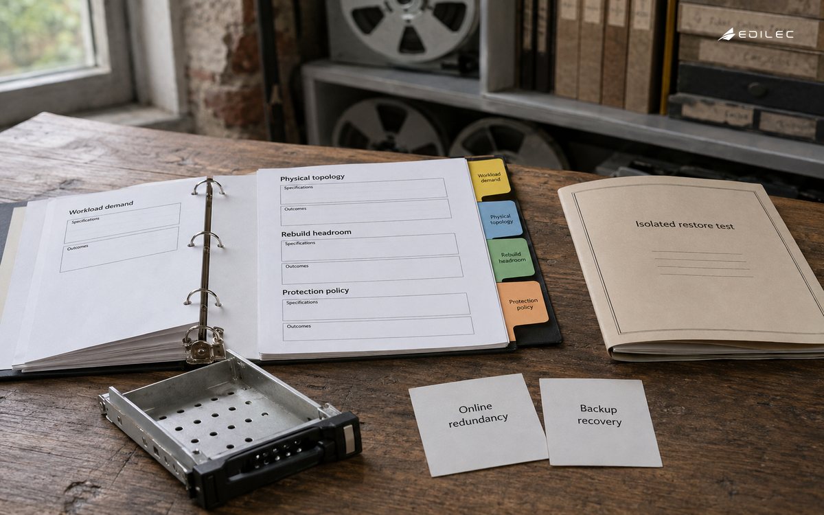 A storage-design packet separates online redundancy from an isolated backup restore test.