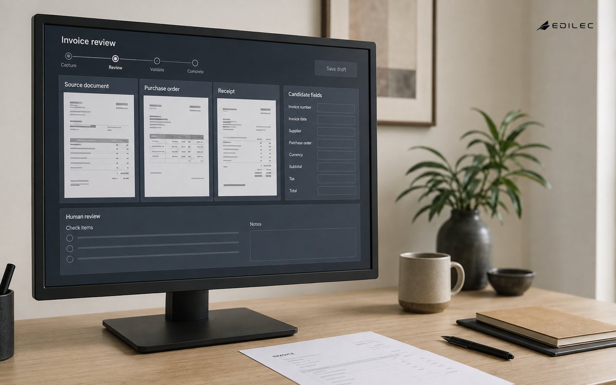 An invoice review surface compares source evidence with candidate fields for a person to review.