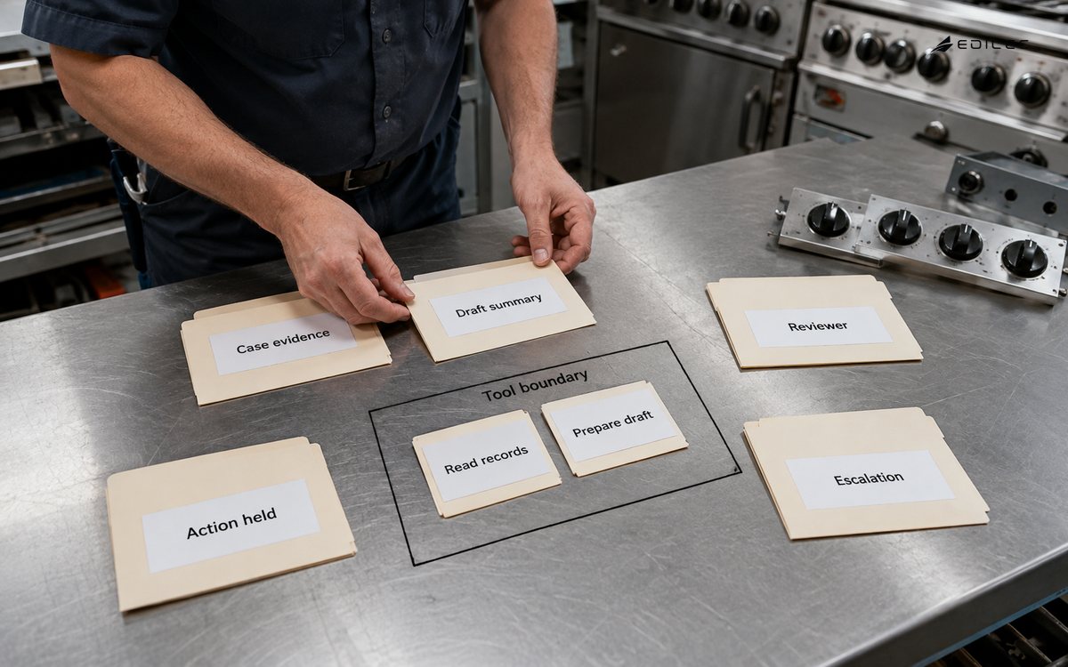 A standing service coordinator arranges a draft case within a limited tool boundary.
