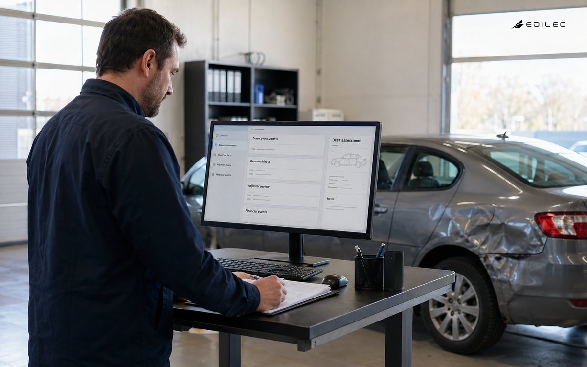 An assessment bay pairs vehicle context with source evidence and adjuster review.