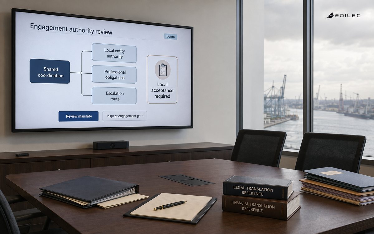 A cross-border project room distinguishes shared coordination from local acceptance and professional authority.