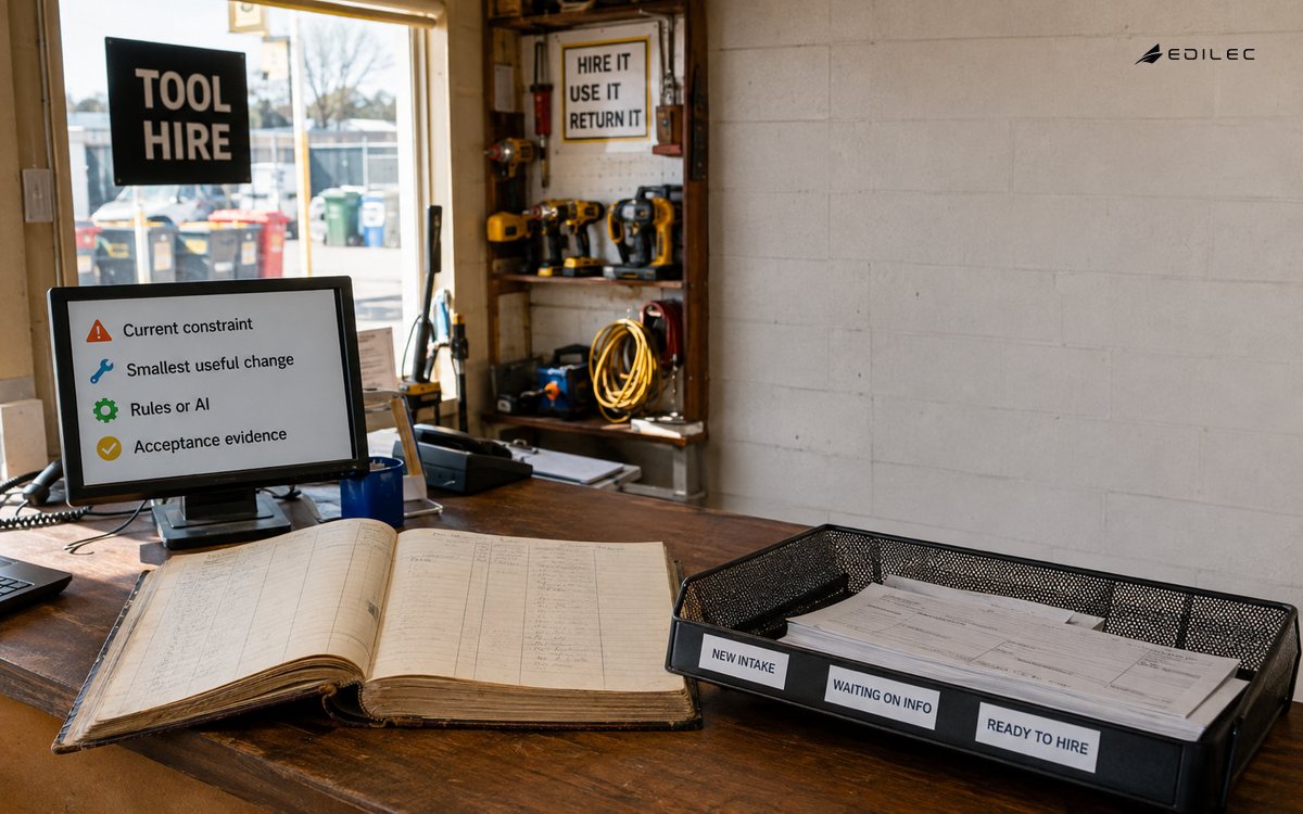 Wide photo of a family-run tool hire office with old blank job ledger, small supported opaque display and modernized intake tray.