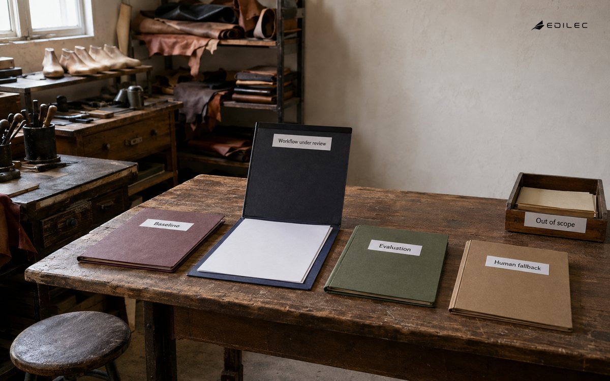A shoemaking workshop stages one workflow review beside baseline, evaluation and fallback records.