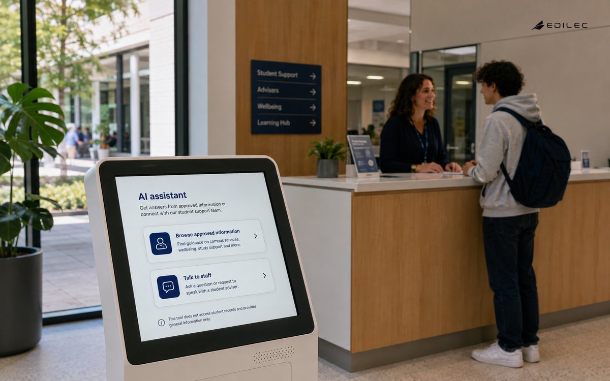 A campus kiosk offers disclosed AI guidance and a direct route to staff.