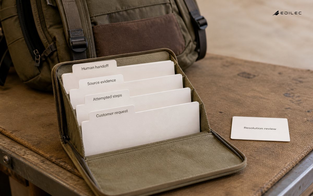 A repair-counter case wallet keeps customer context and evidence together for human handoff.