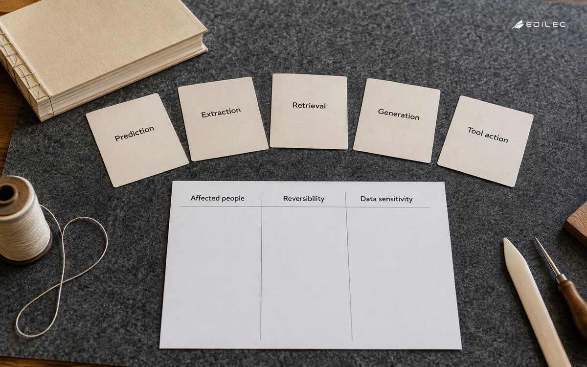 Task-family cards sit beside a blank worksheet for consequence and data context.
