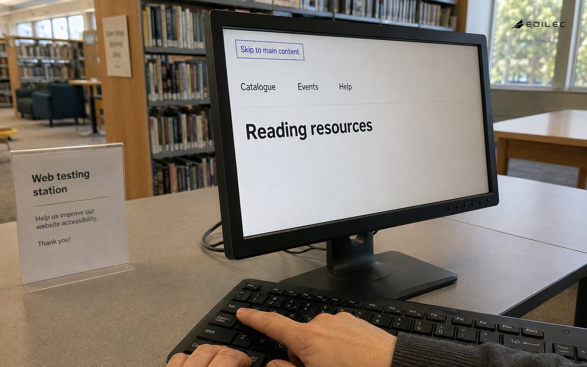 A keyboard user reveals the first-focus skip link above a library page's navigation.
