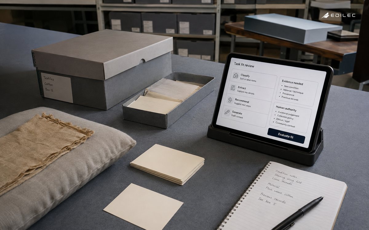 An archive cataloguing station reviews AI task fit and human authority.