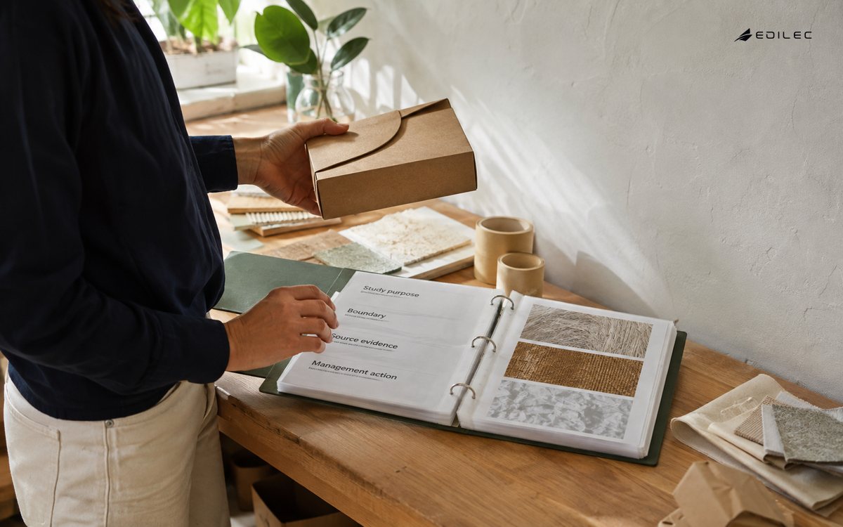 Candid hands of standing sustainability analyst comparing an unbranded packaging sample with a supplier-evidence binder in a product studio.
