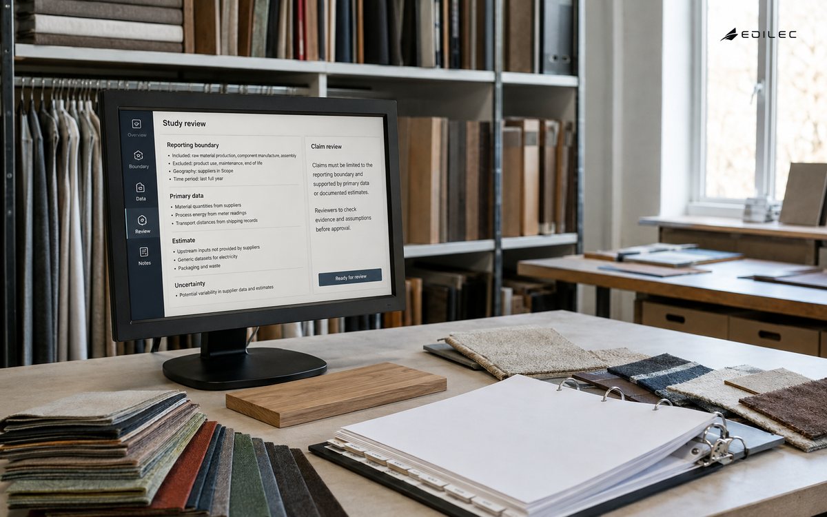 A procurement materials room reviews sustainability evidence and uncertainty.