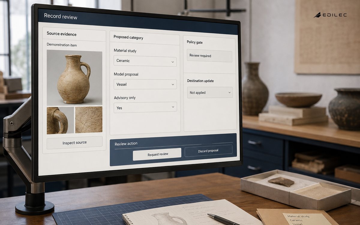 An AI-assisted record review keeps a proposed classification advisory and unapplied.