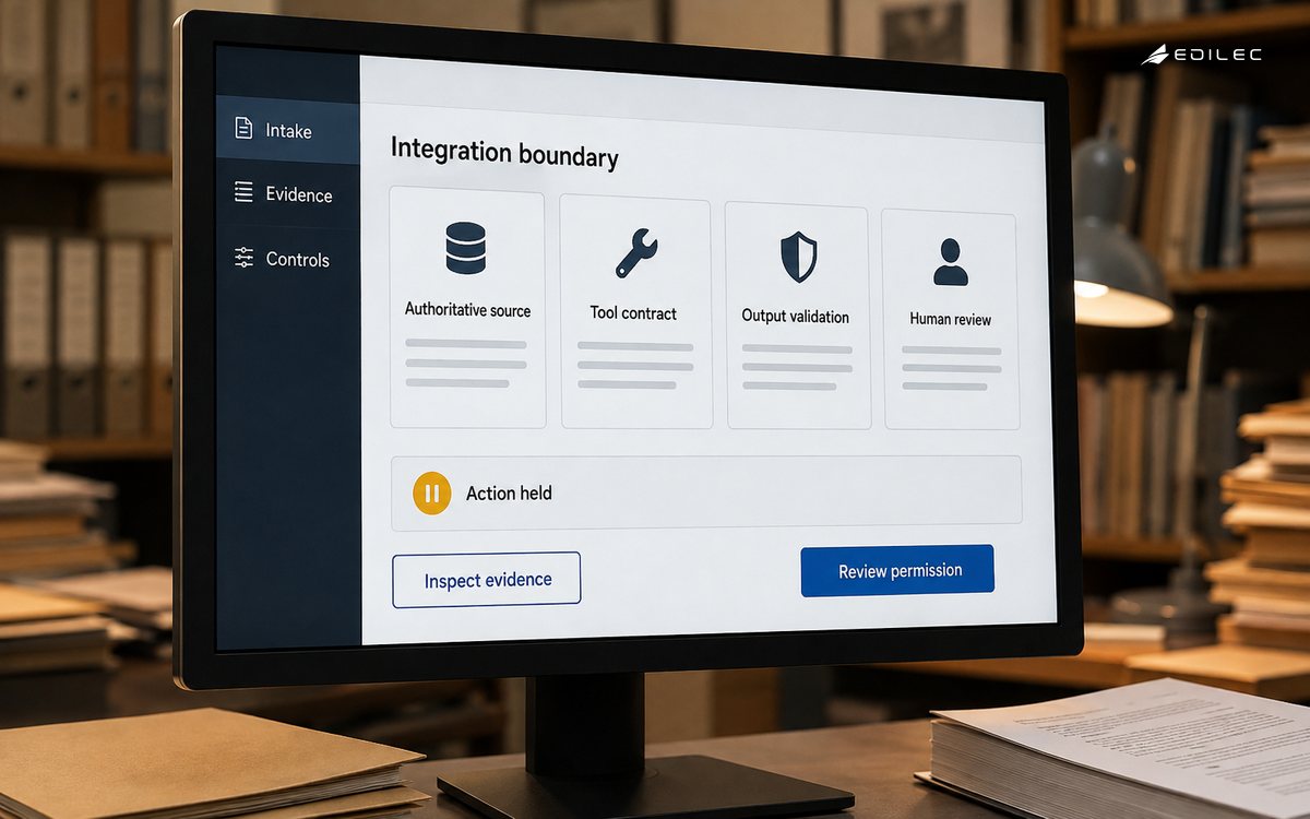 An AI intake review console holds action while source evidence and tool permissions are inspected.