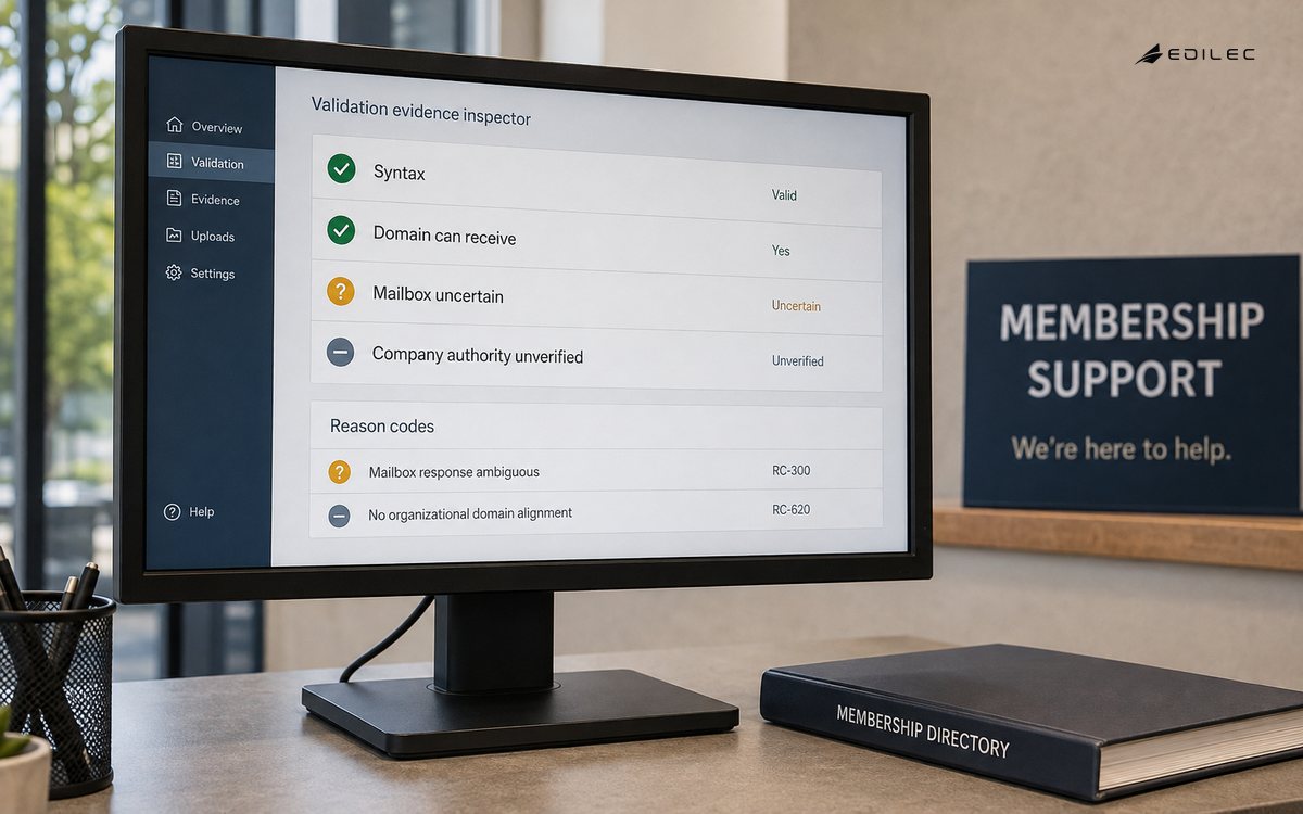 Photographic close view of opaque monitor on visible stand at a business membership support desk.