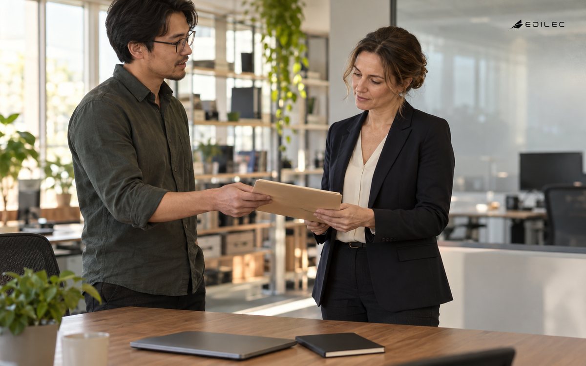 An engineer hands a task folder to a colleague for review.
