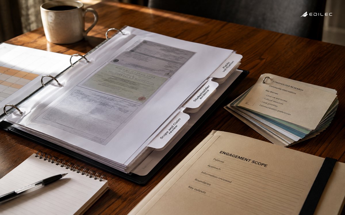A neutral diligence table separates public verification, stakeholder evidence and engagement scope.
