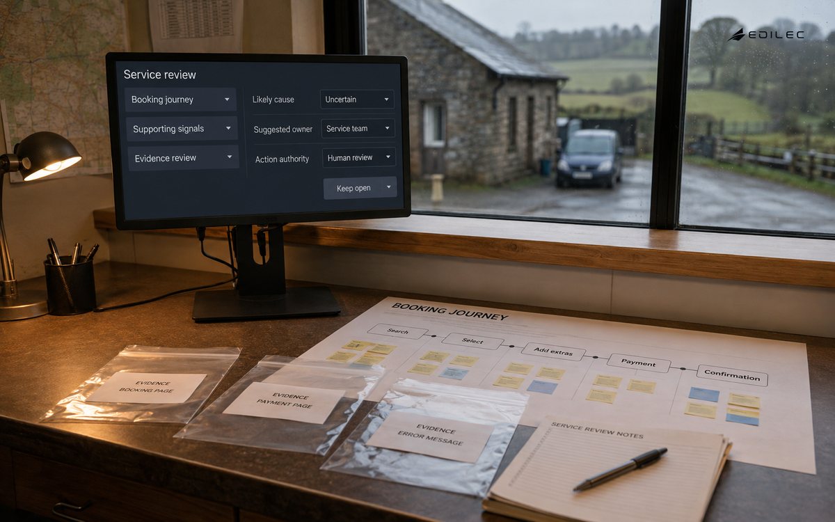 A transport support desk reviews uncertain service signals and a proposed owner while retaining human authority.